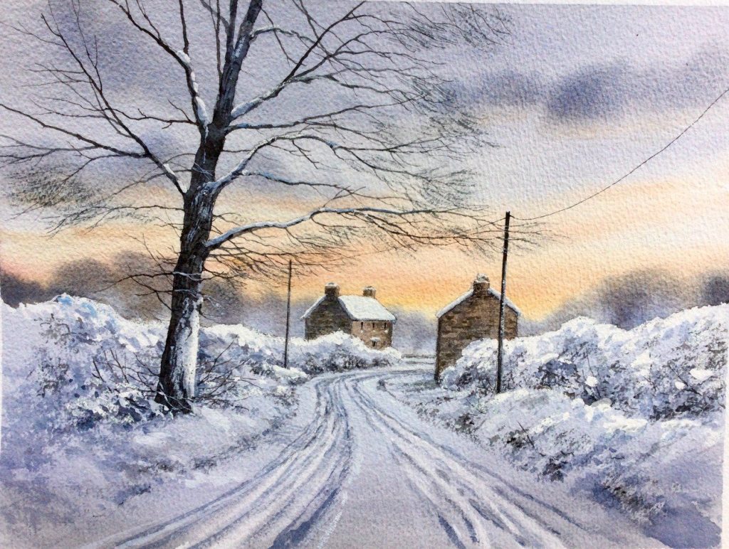 Snowy lane watercolour tutorial with dry brush techniques